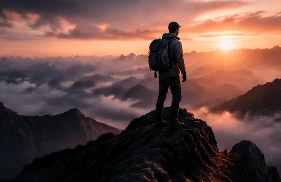 A hiker looking toward a sunlit mountain horizon